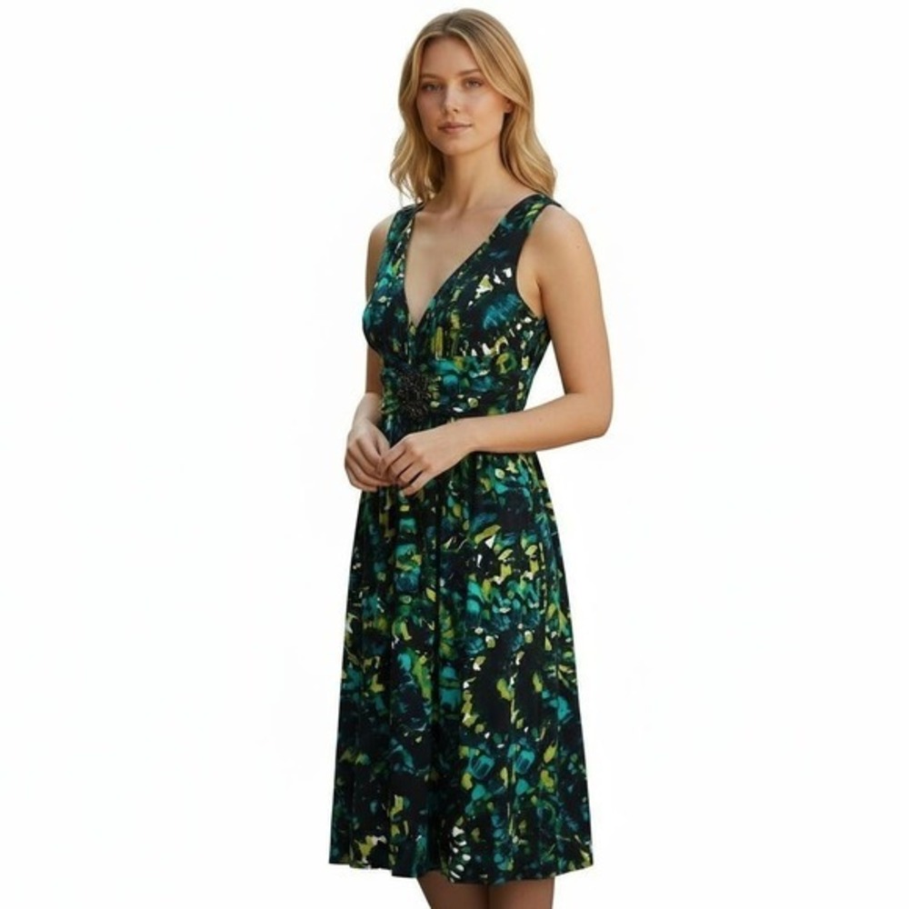 Bisou Bisou Black Green Blue Abstract Print Ruched Embellished Dress Size 16